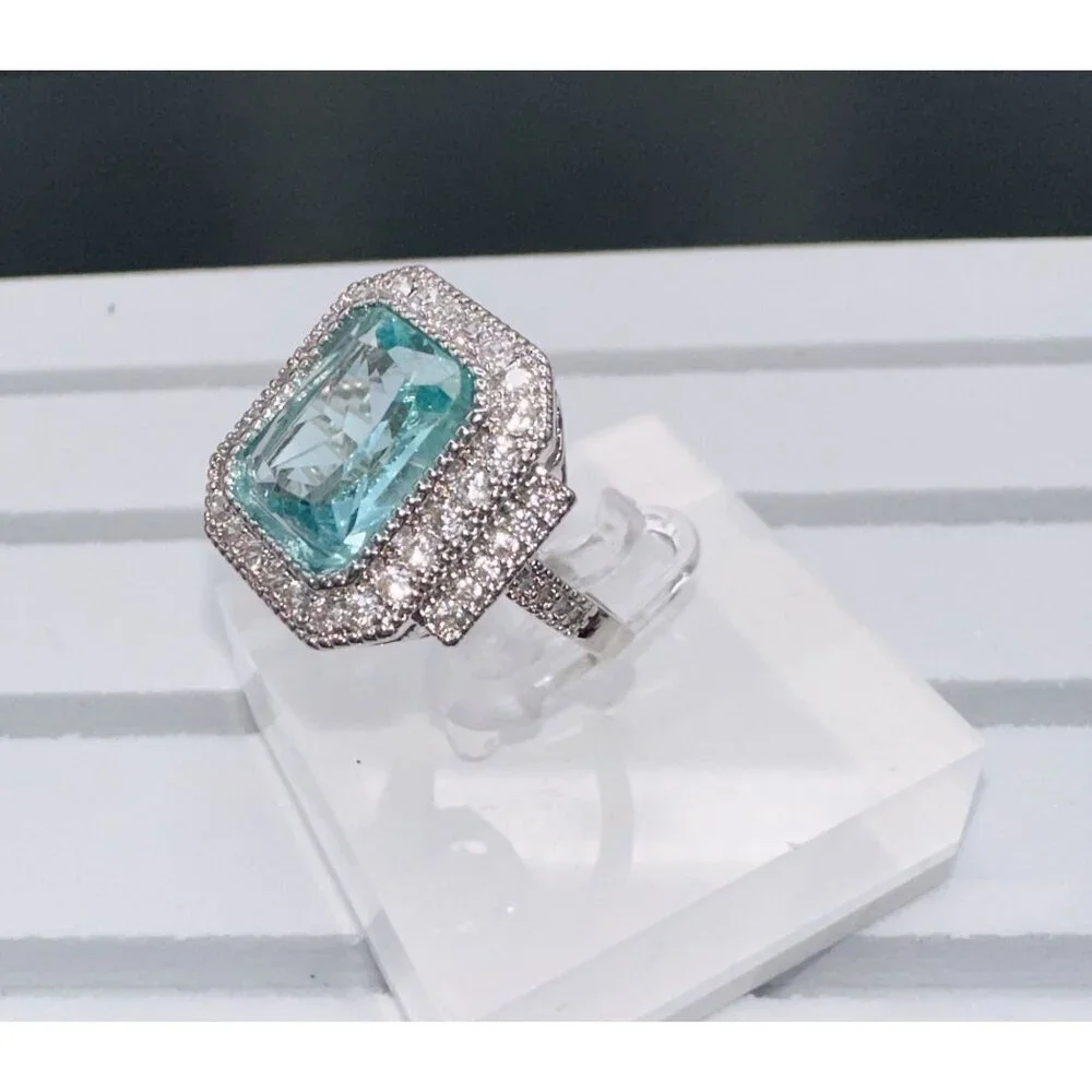 Aquamarine Cubic Zirconia White Crystal Ring Size 10